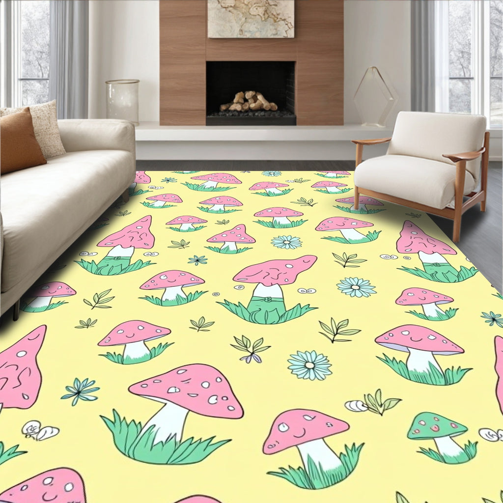 Cute Pink Mushroom Meadow Rug