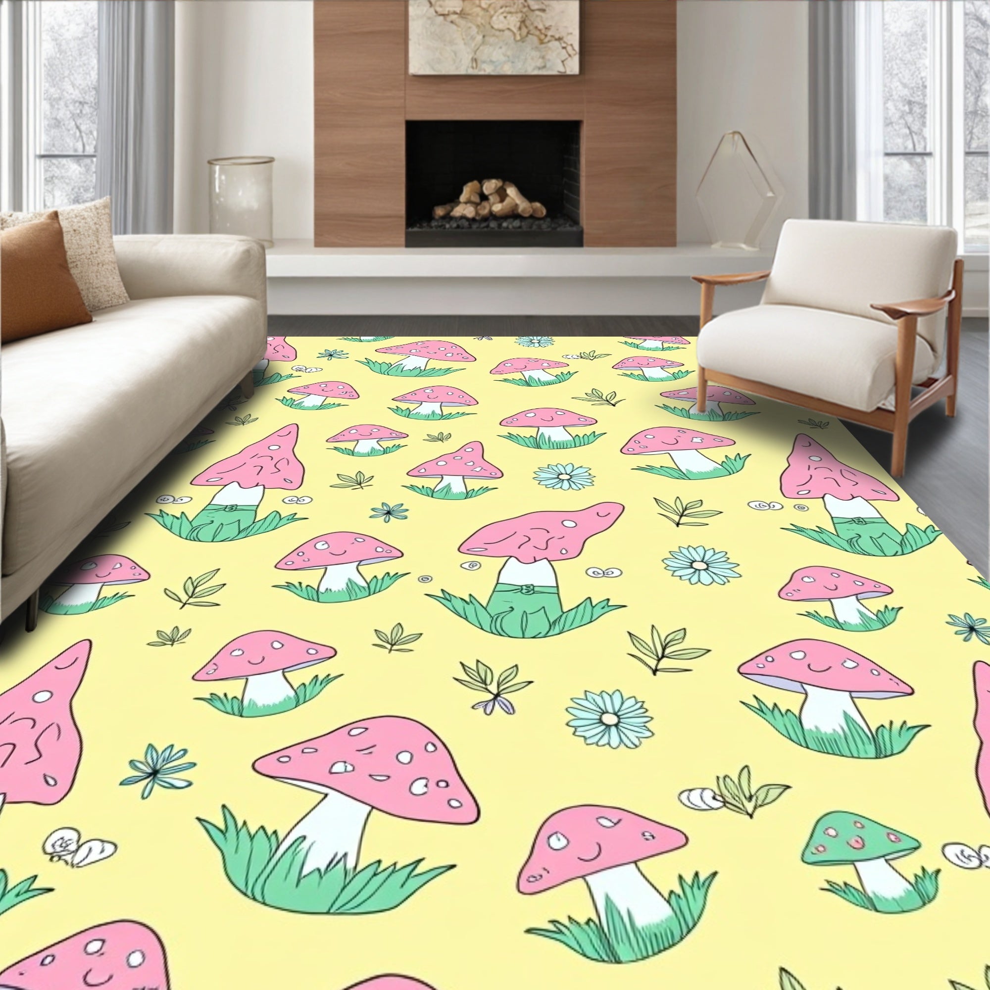 Cute Pink Mushroom Meadow Rug