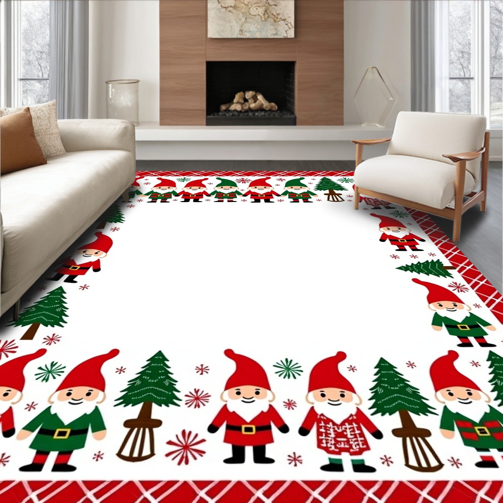 Festive Gnome Christmas Tree Border Rug