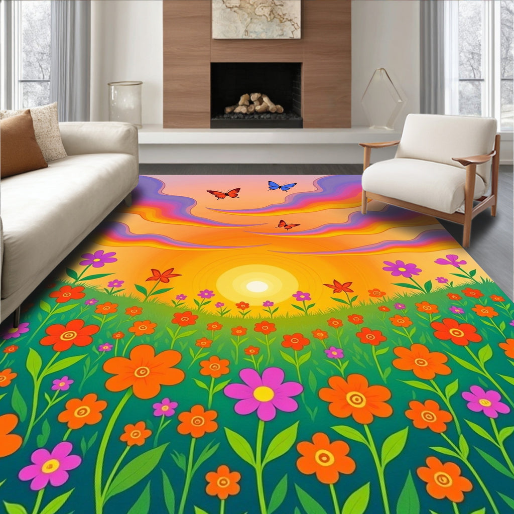 Groovy Floral Butterfly Meadow Sunset Rug