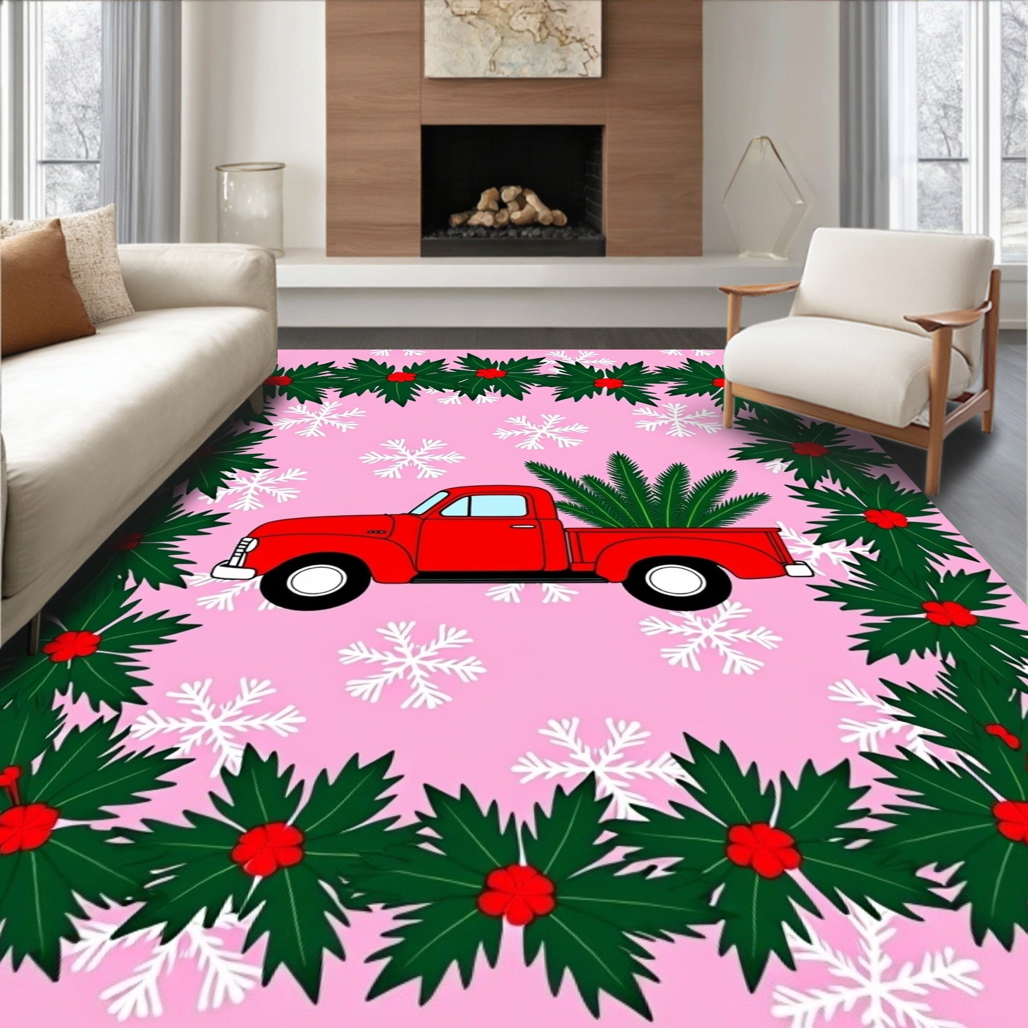 Retro Red Truck Holly Snowflakes Rug