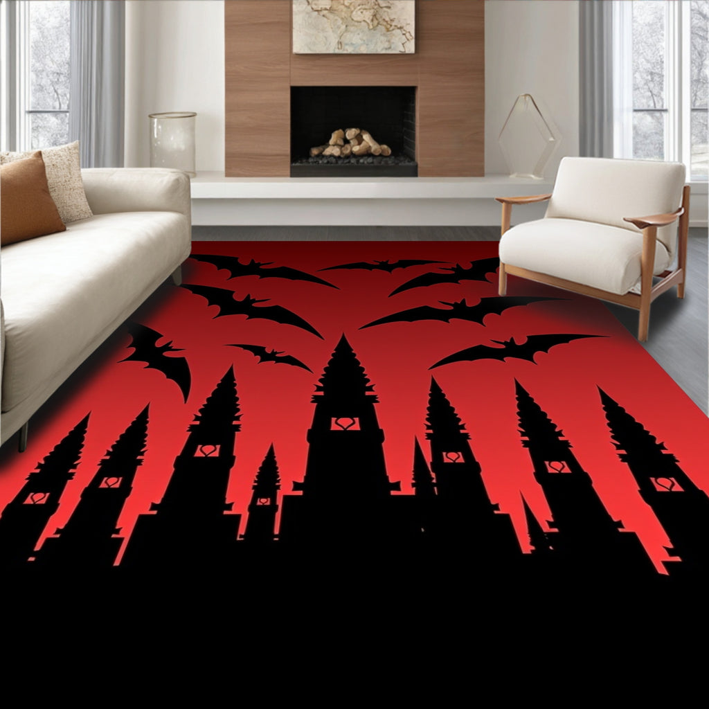 Spooky Black Bats Crimson Castle Skyline Rug