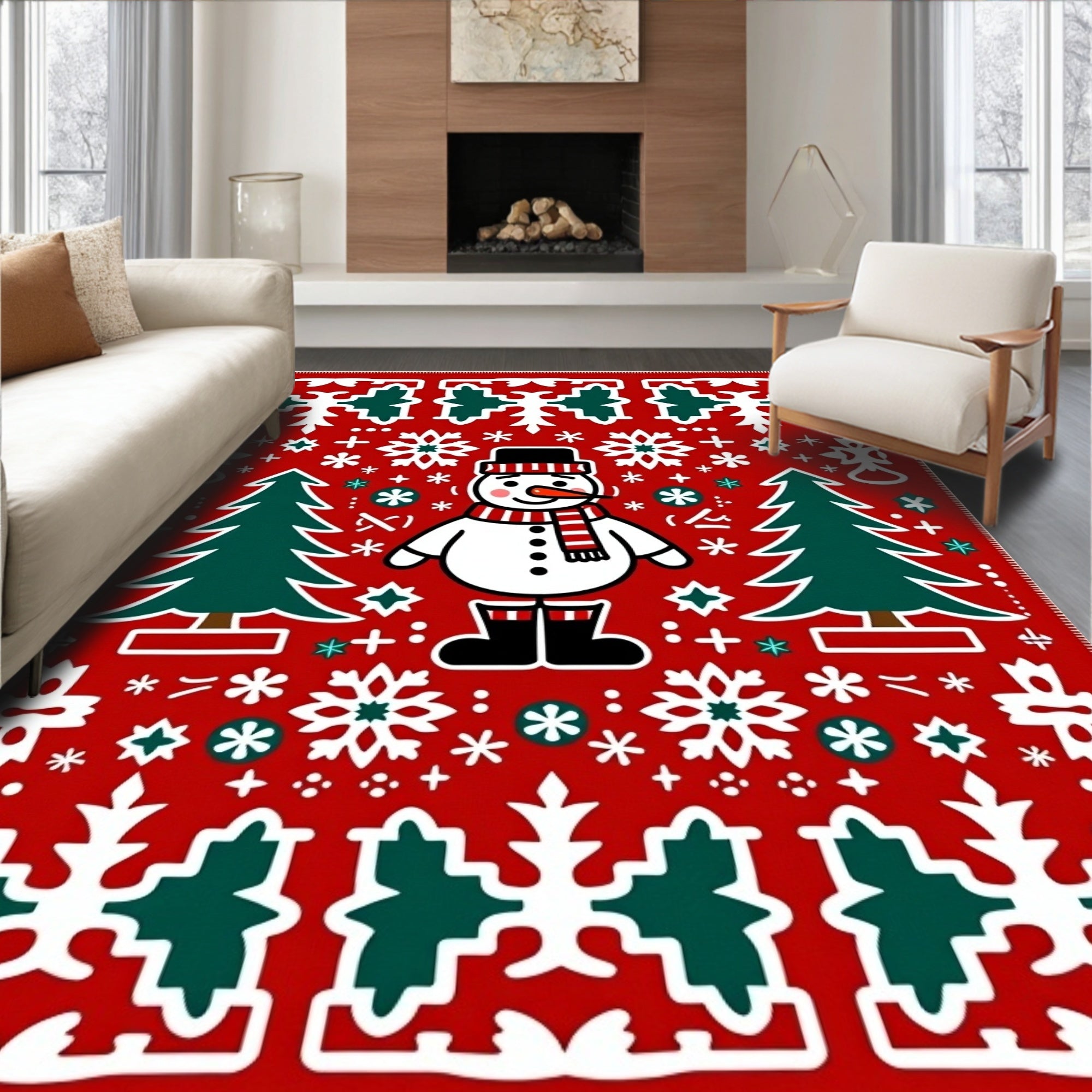 Charming Snowman Red Christmas Trees Rug