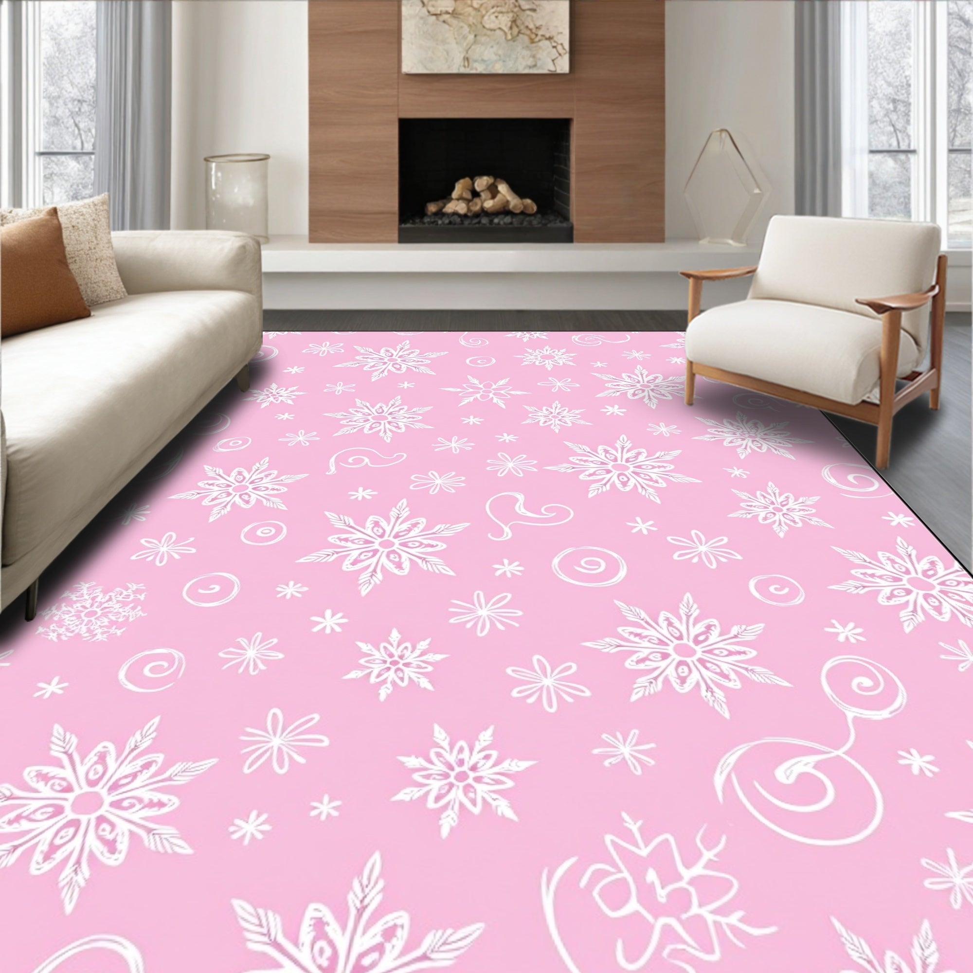 Pink Snowflakes Swirls Medallion Rug