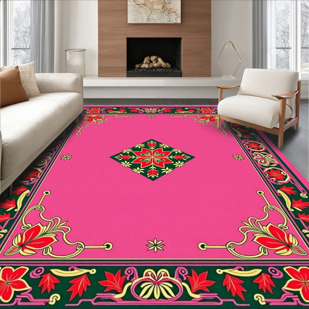 Vibrant Pink Floral Medallion Frame Rug