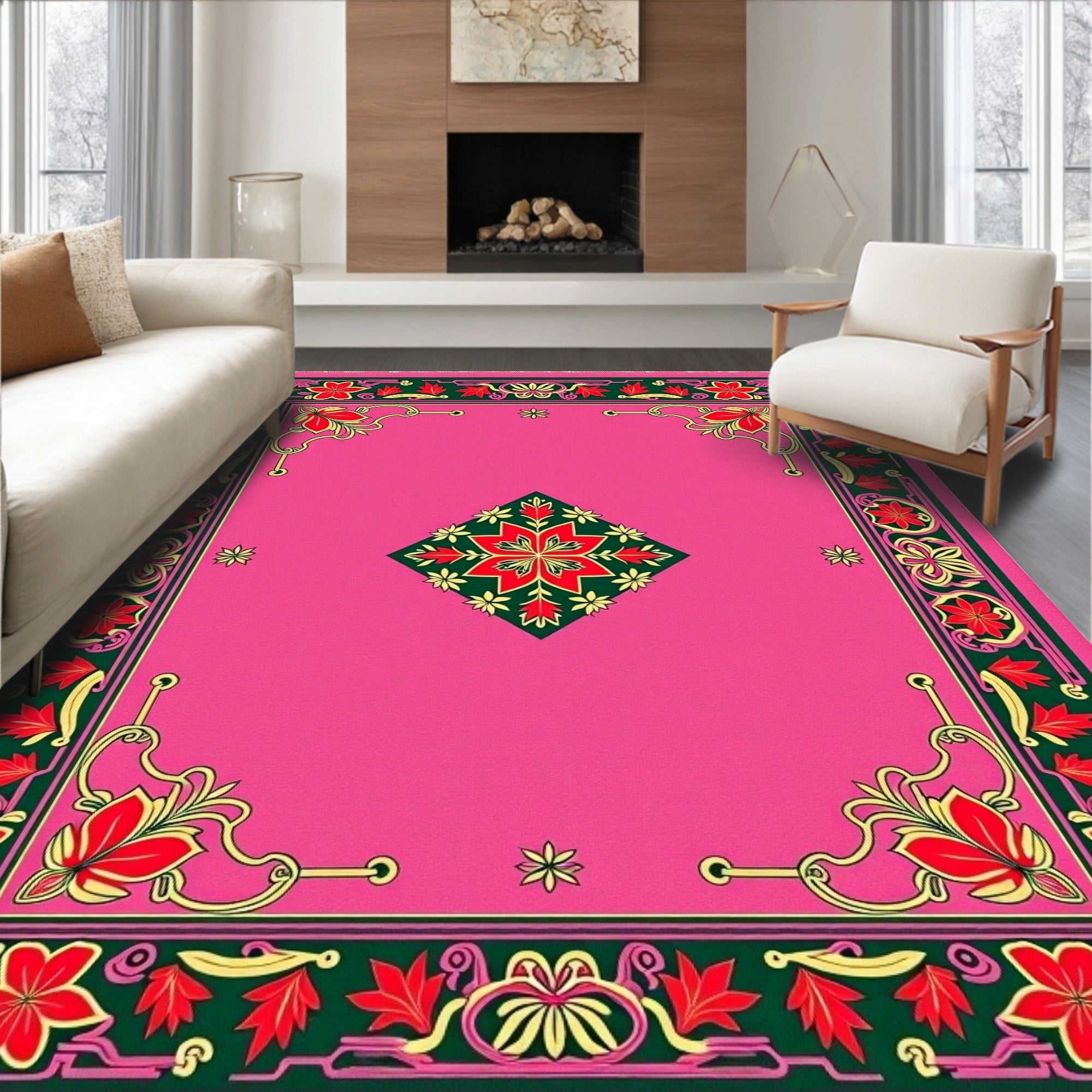 Vibrant Pink Floral Medallion Frame Rug