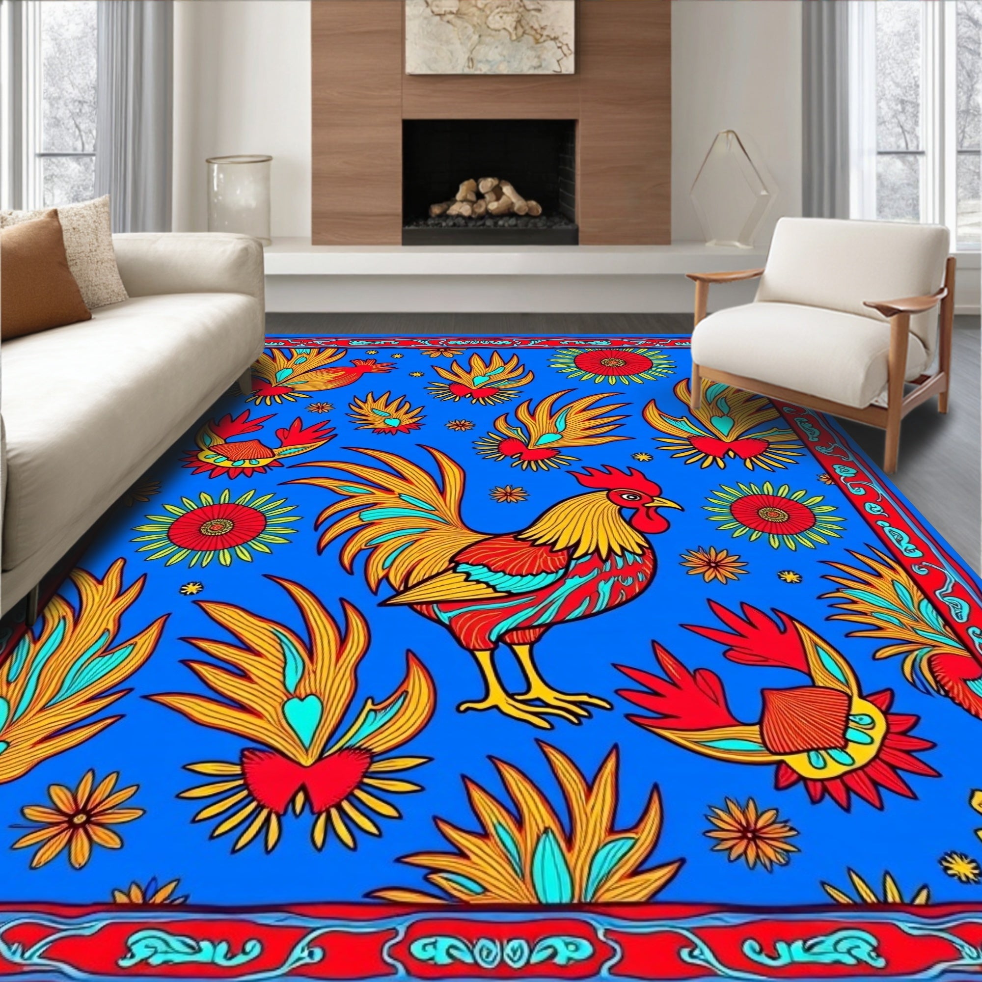 Vibrant Rooster Floral Border Bright Blue Rug