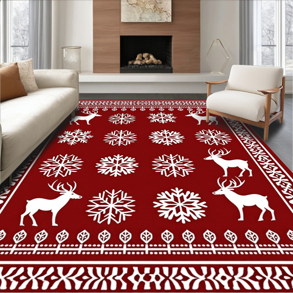 Crimson Reindeer Snowflake Holiday Border Rug