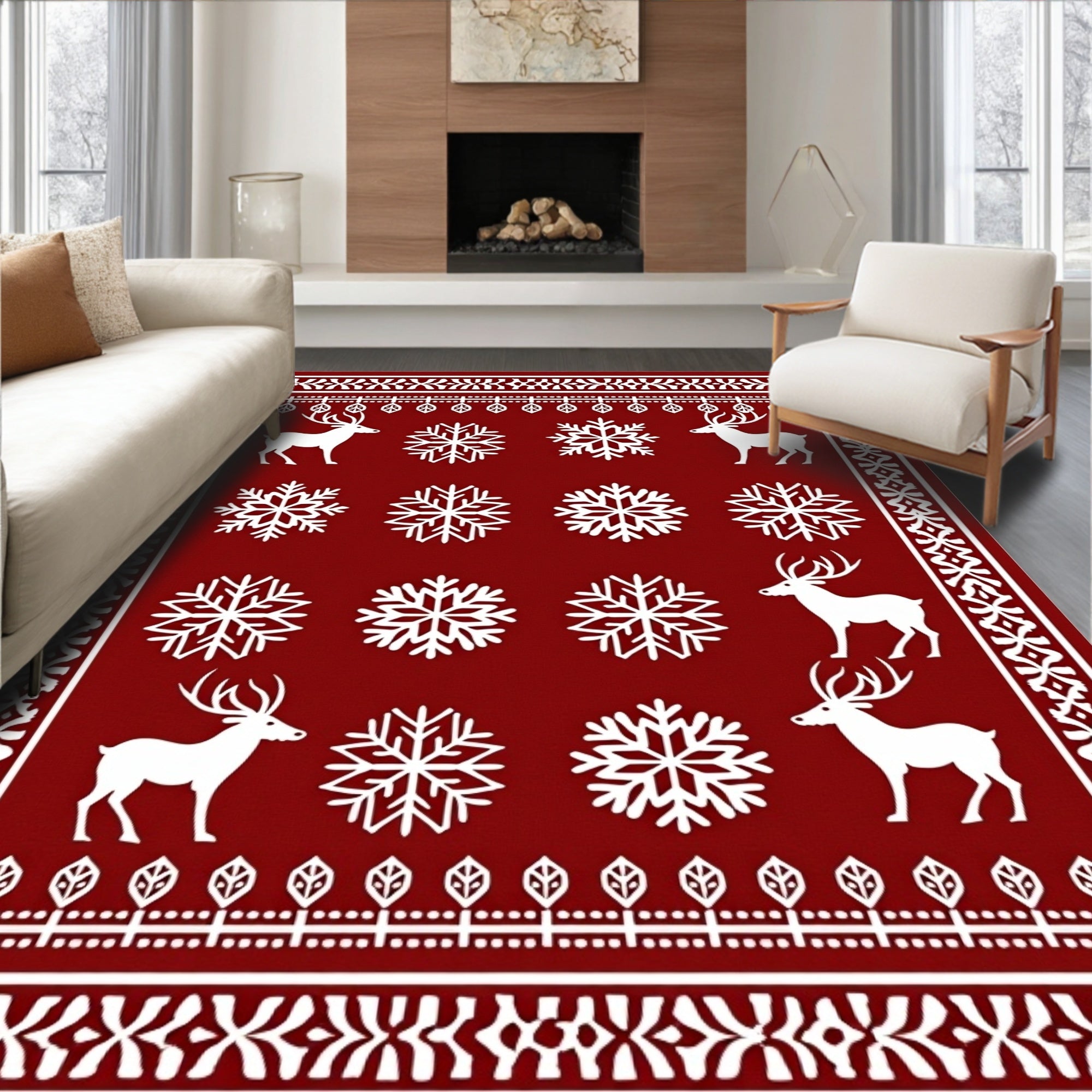 Crimson Reindeer Snowflake Holiday Border Rug