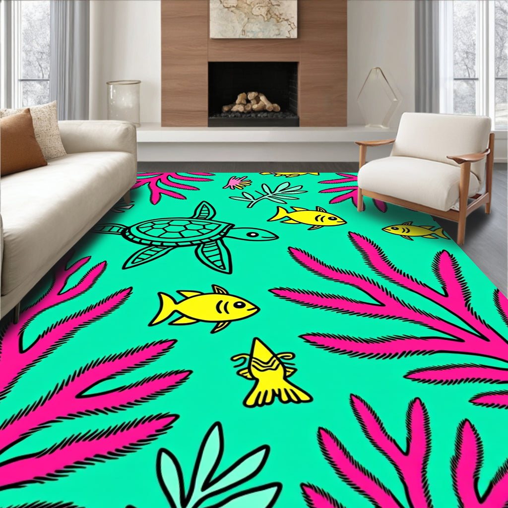 Retro Teal Turtle Fish Coral Scene Rug