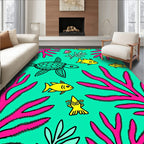 Retro Teal Turtle Fish Coral Scene Rug