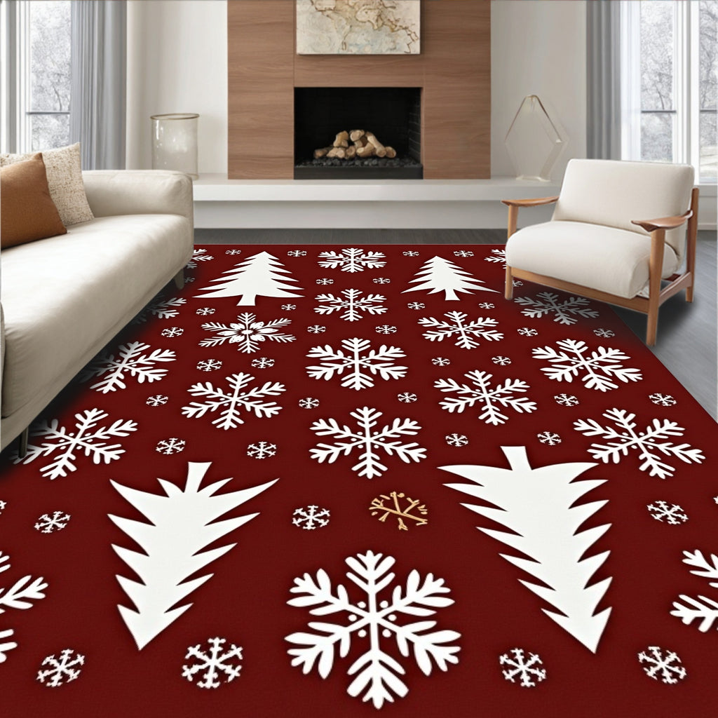 White Snowflakes Christmas Trees Burgundy Rug