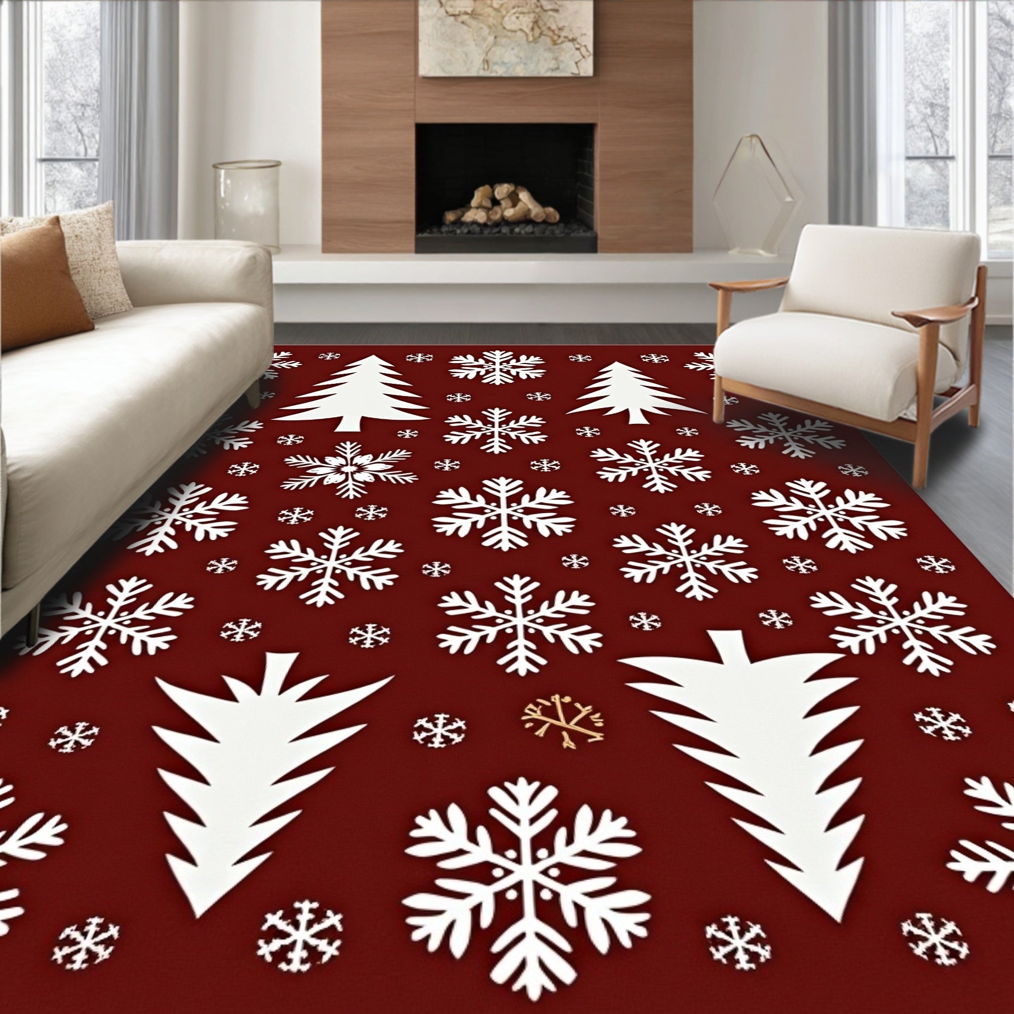 White Snowflakes Christmas Trees Burgundy Rug