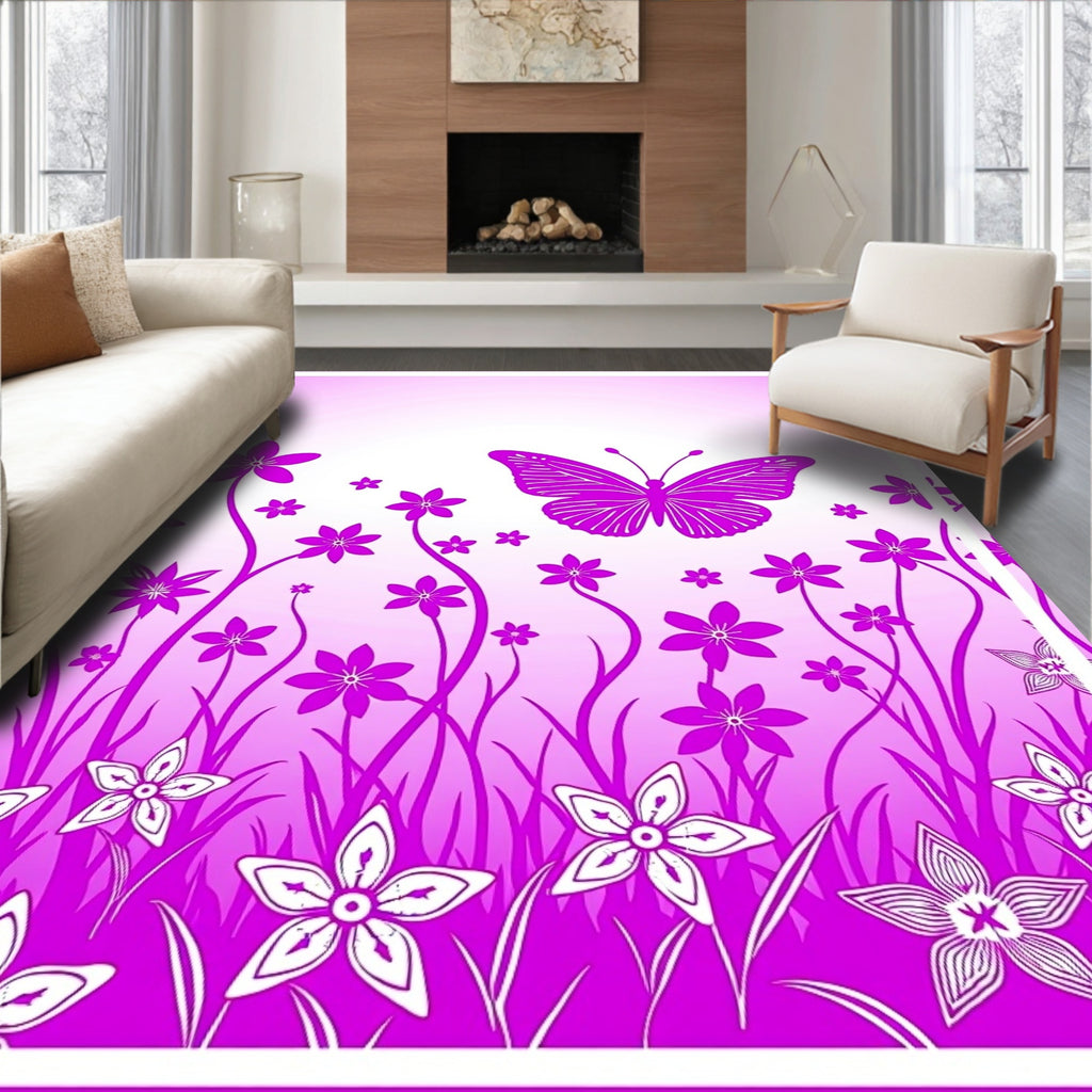Vibrant Pink Butterfly Floral Meadow Rug