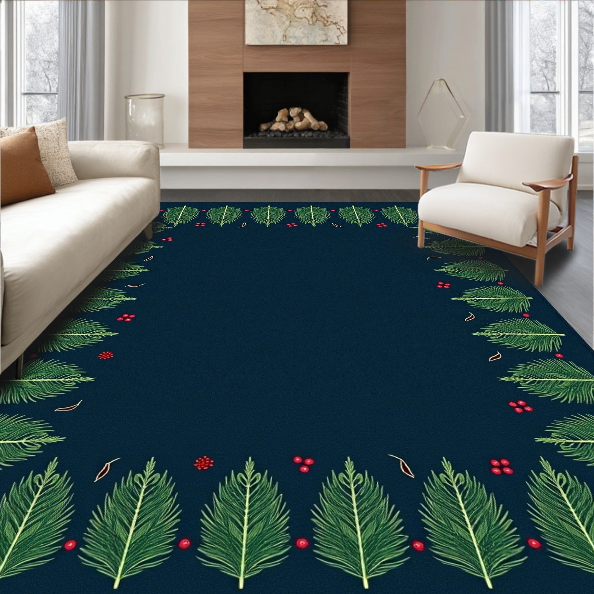Dark Blue Pine Sprig Border Rug