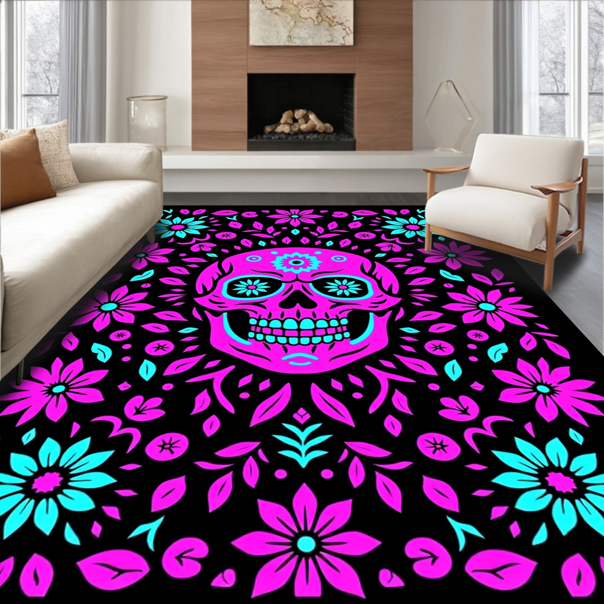 Vibrant Skull Floral Garden Rug