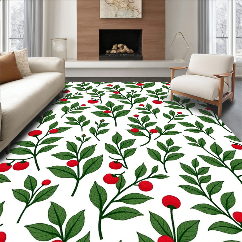 Red Cherry Branches Verdant Foliage Rug