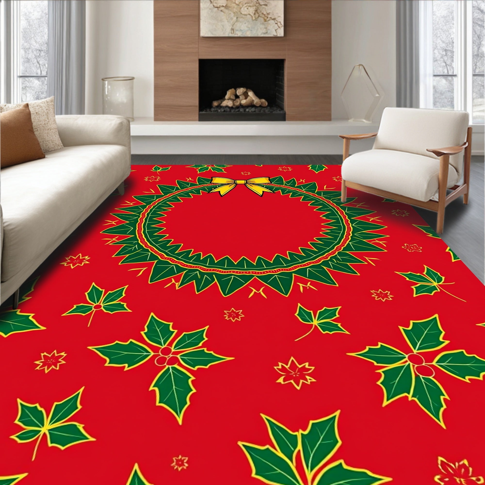 Festive Red Holly Wreath Bow Rug
