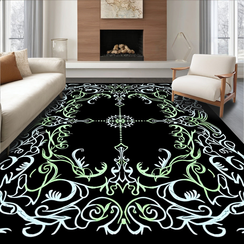 Light Green White Floral Scrollwork Medallion Rug