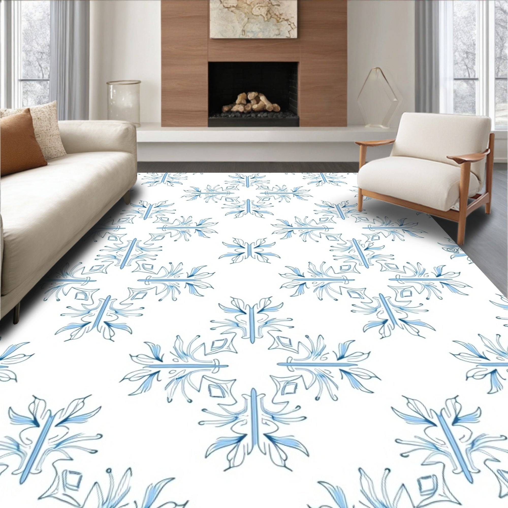 Delicate Blue Rococo Floral Medallion Rug