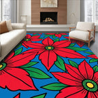 Bright Red Flower Garden Blue Rug