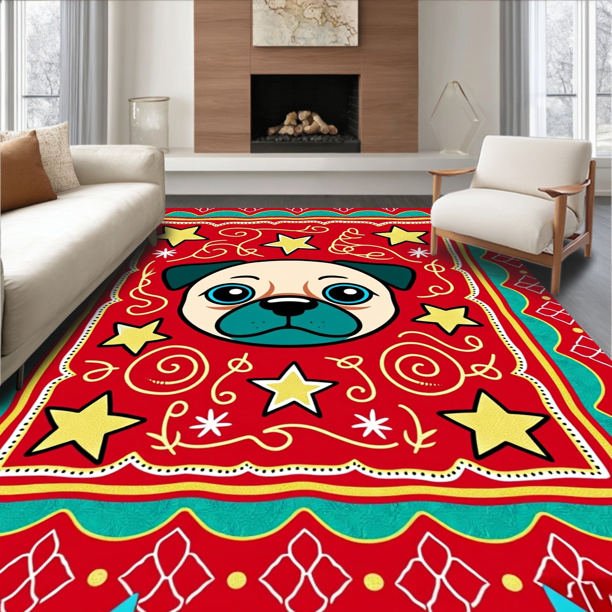 Whimsical Pug Gold Stars Red Border Rug