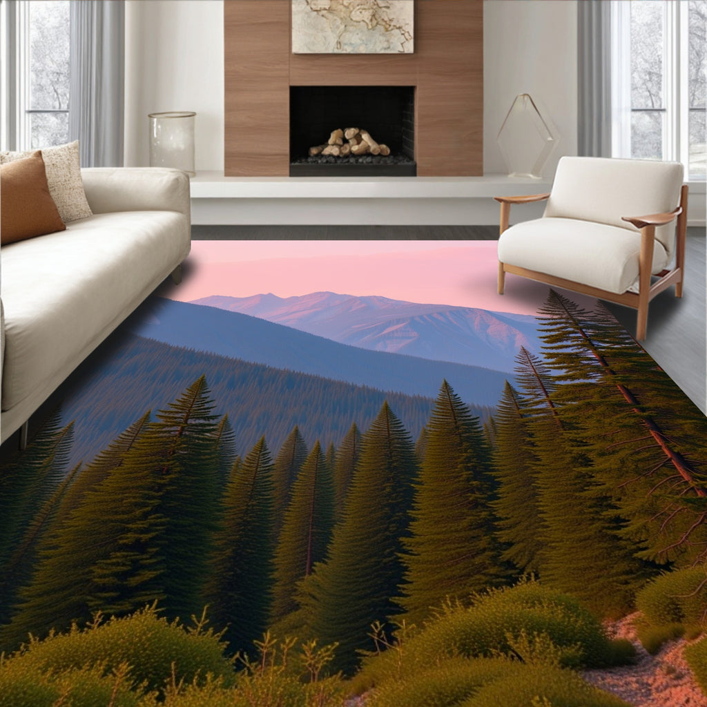 Misty Mountain Pine Forest Sunrise Rug