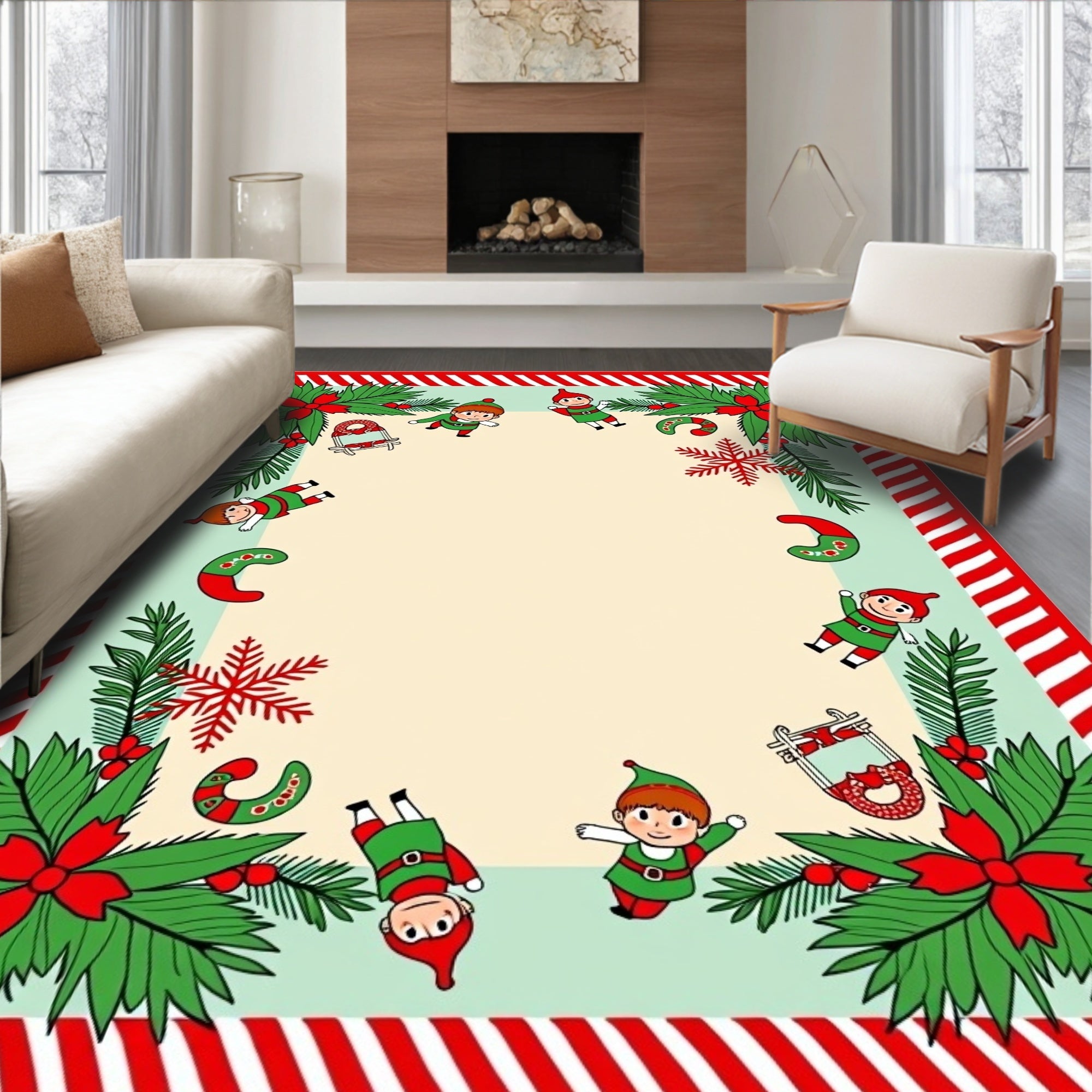 Whimsical Christmas Elves Candy Cane Foliage Rug