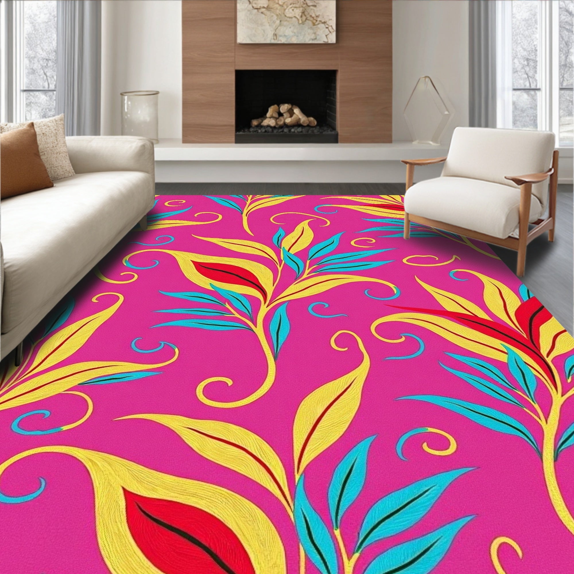 Vibrant Yellow Blue Red Floral Swirl Rug