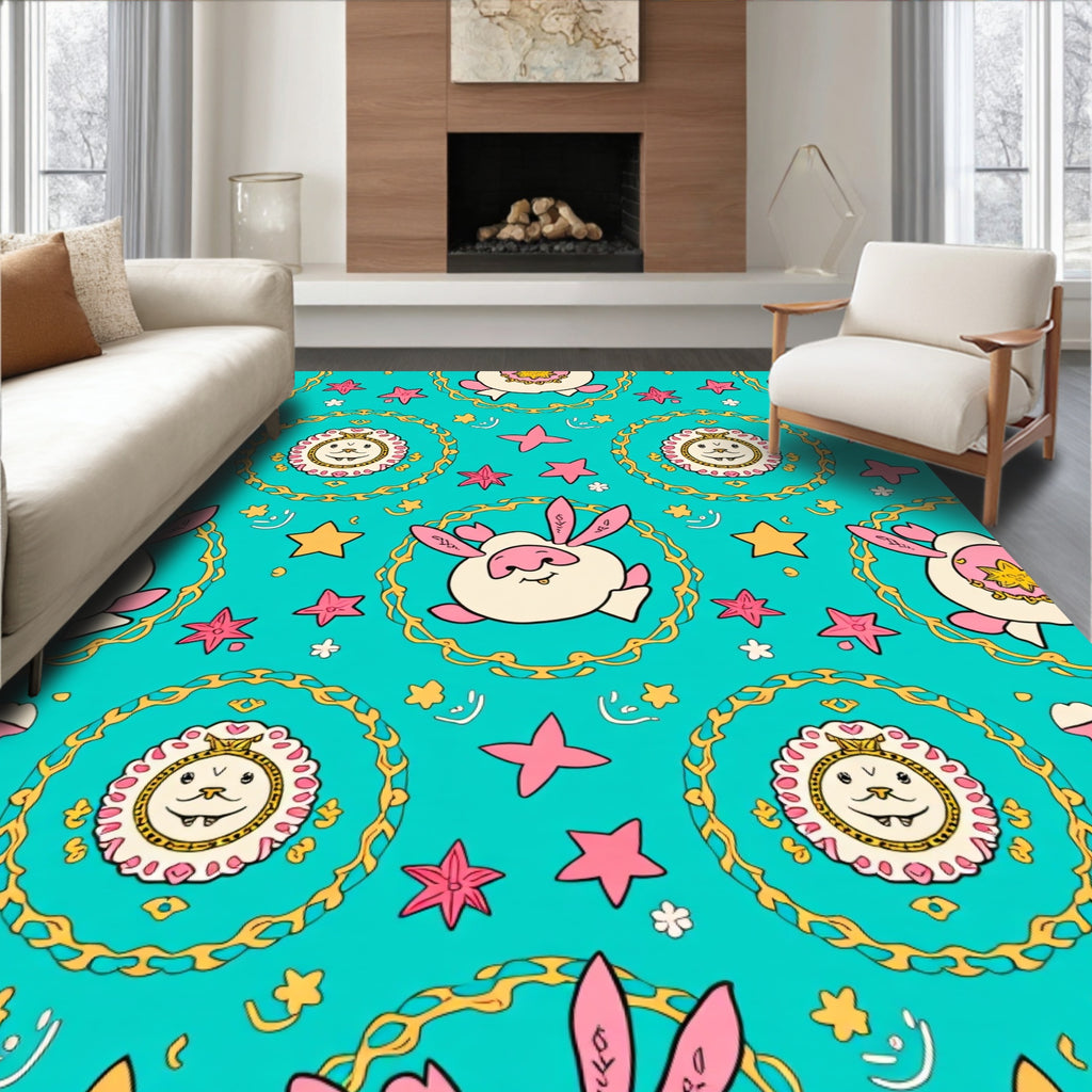 Whimsical Pink Rabbit And Lion Medallion Rug