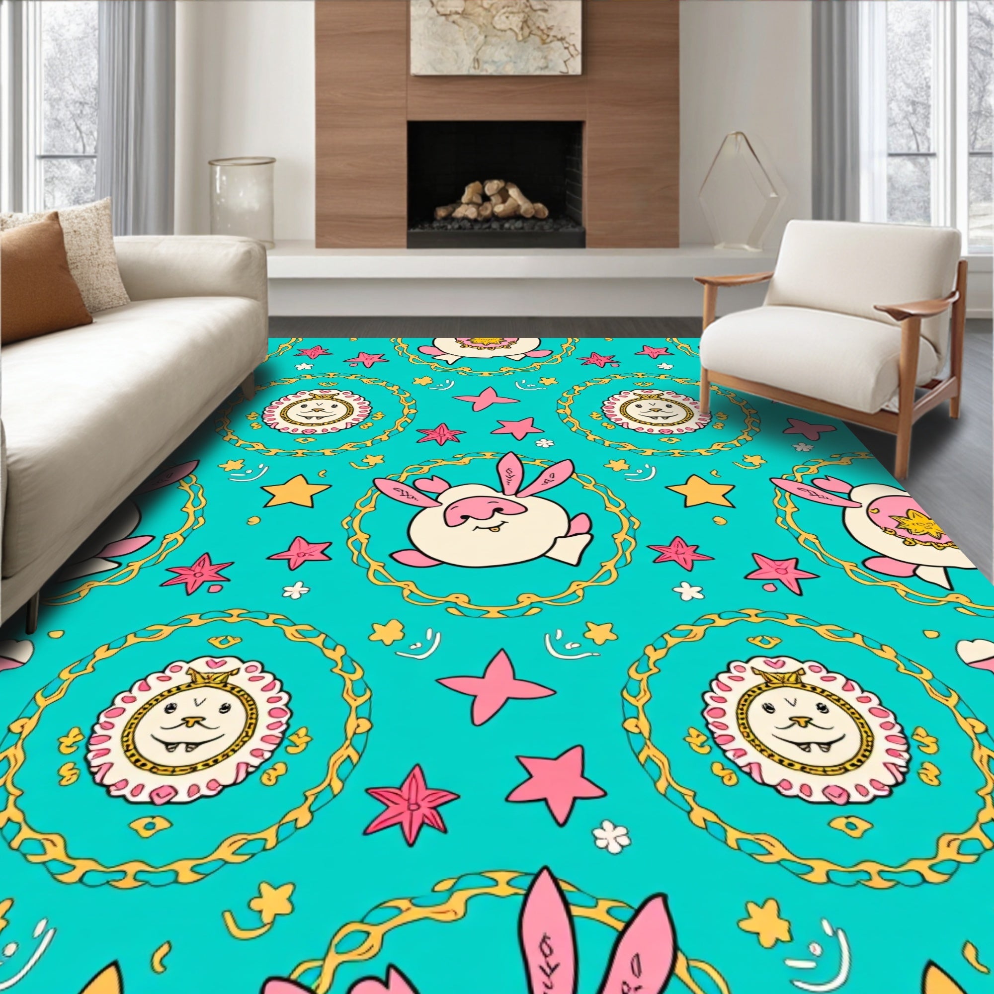 Whimsical Pink Rabbit And Lion Medallion Rug