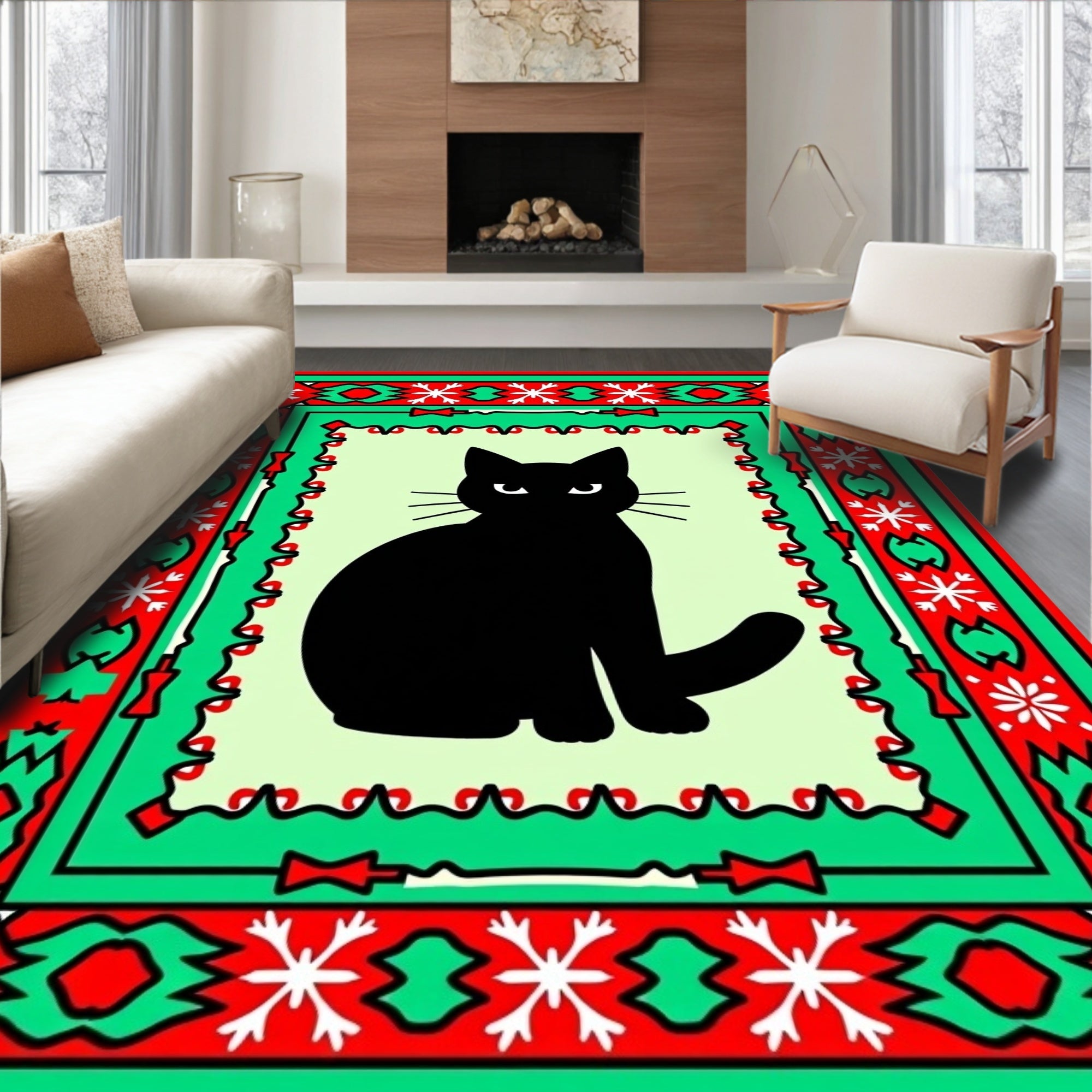 Black Cat Holiday Snowflake Border Rug