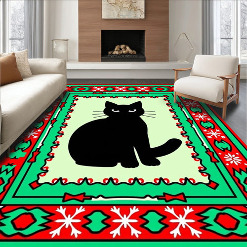 Black Cat Holiday Snowflake Border Rug