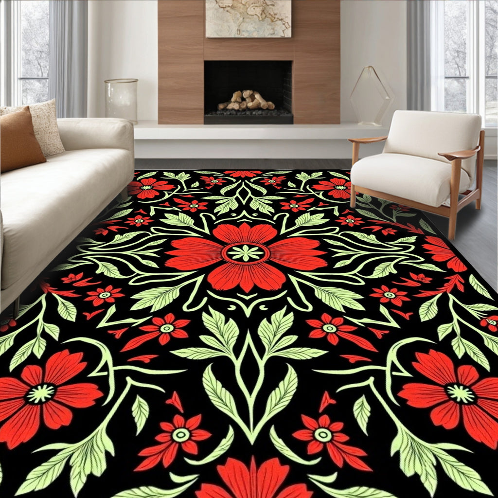 Crimson Red Floral Vine Black Rug