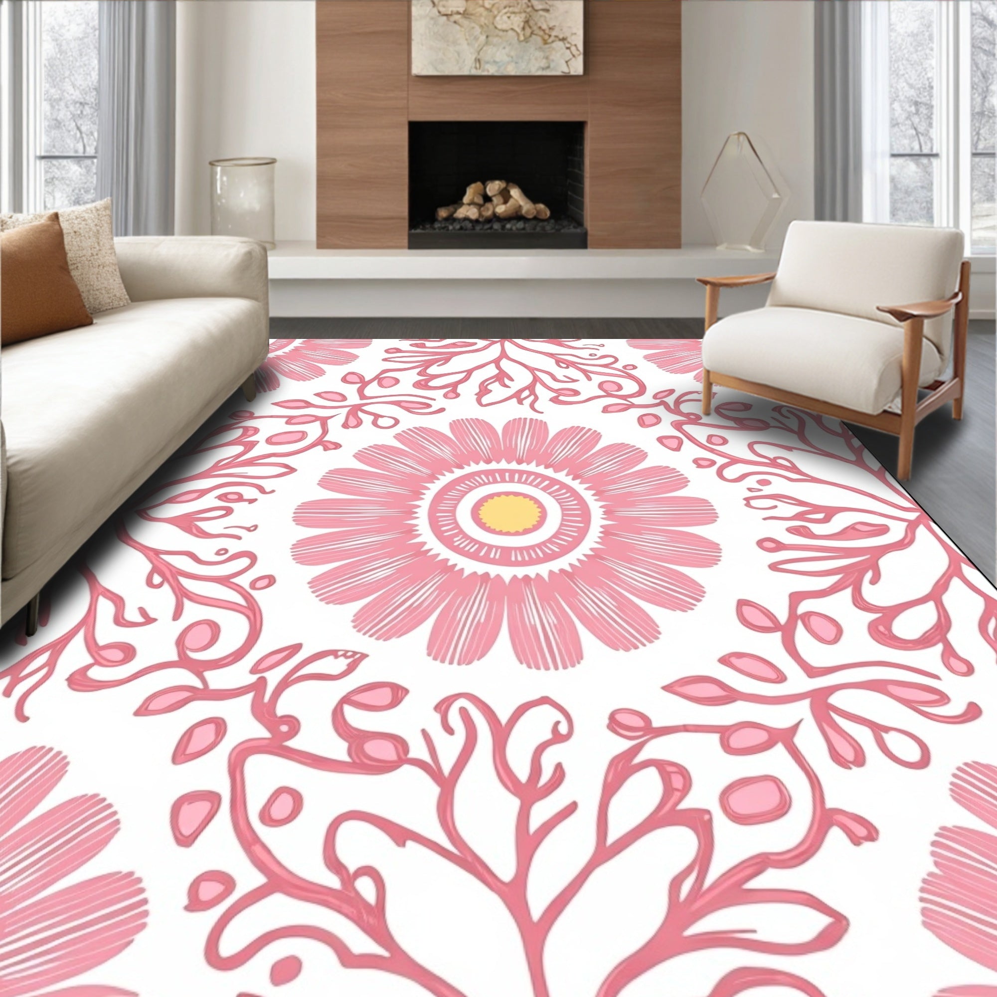 Pink Daisy Floral Medallion Rug