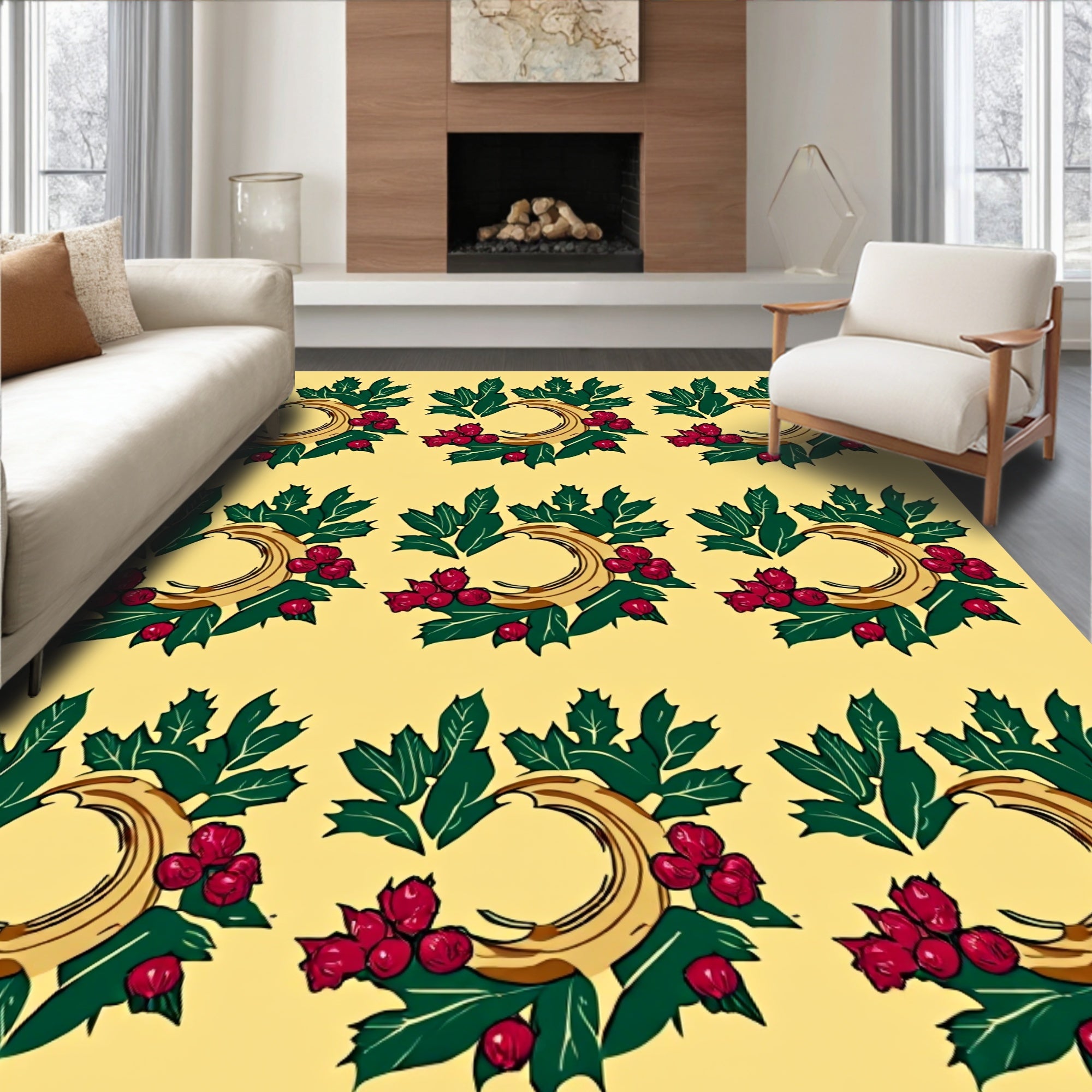 Golden Crescent Holly Berry Wreath Rug