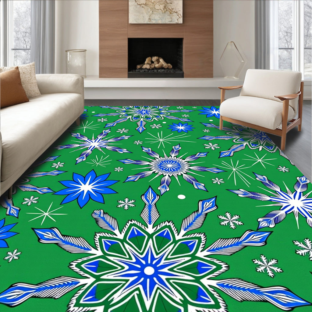 Bold Blue White Snowflake Green Rug