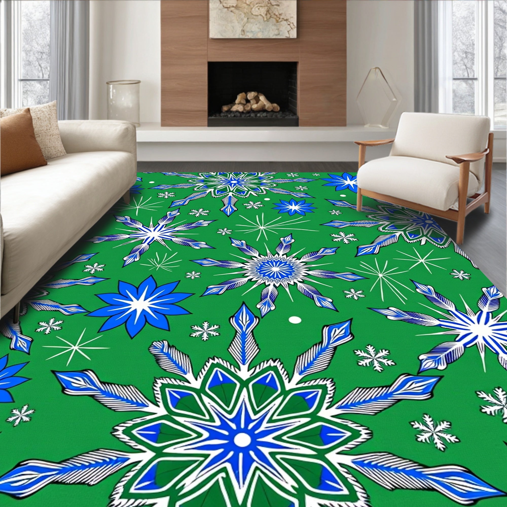 Bold Blue White Snowflake Green Rug