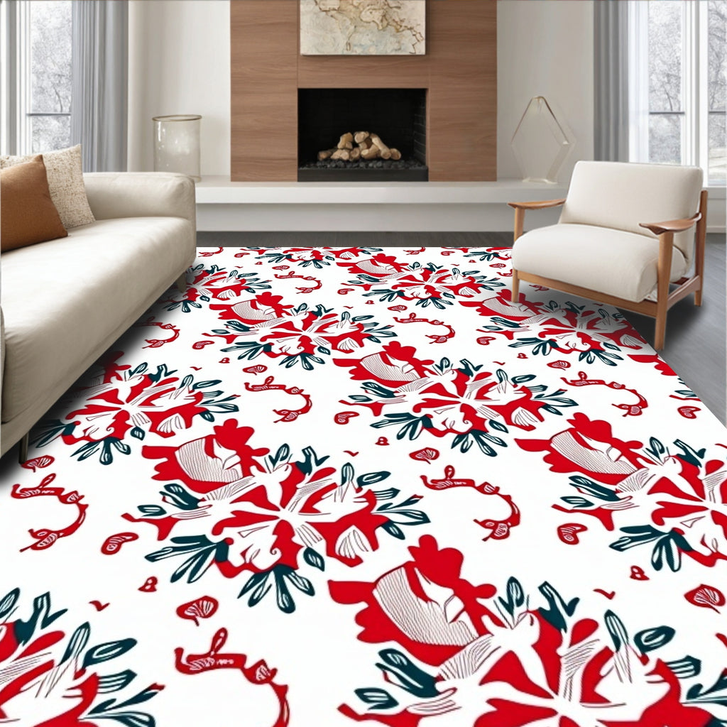 Bold Red White Floral Swirl Arrangement Rug