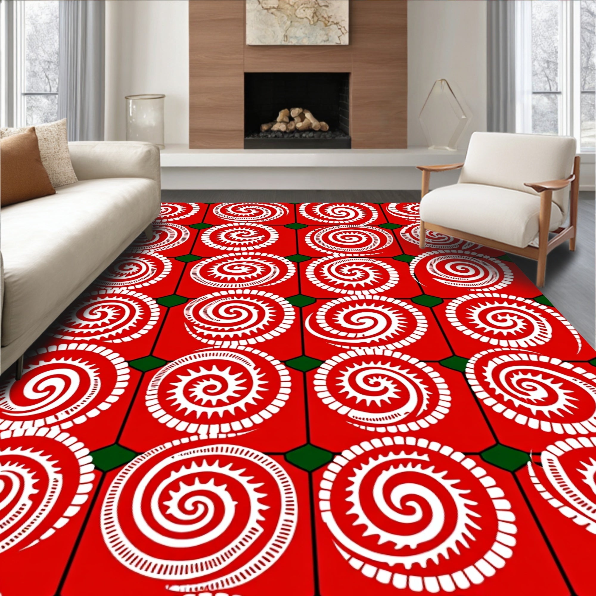 Crimson White Spiral Sunburst Rug