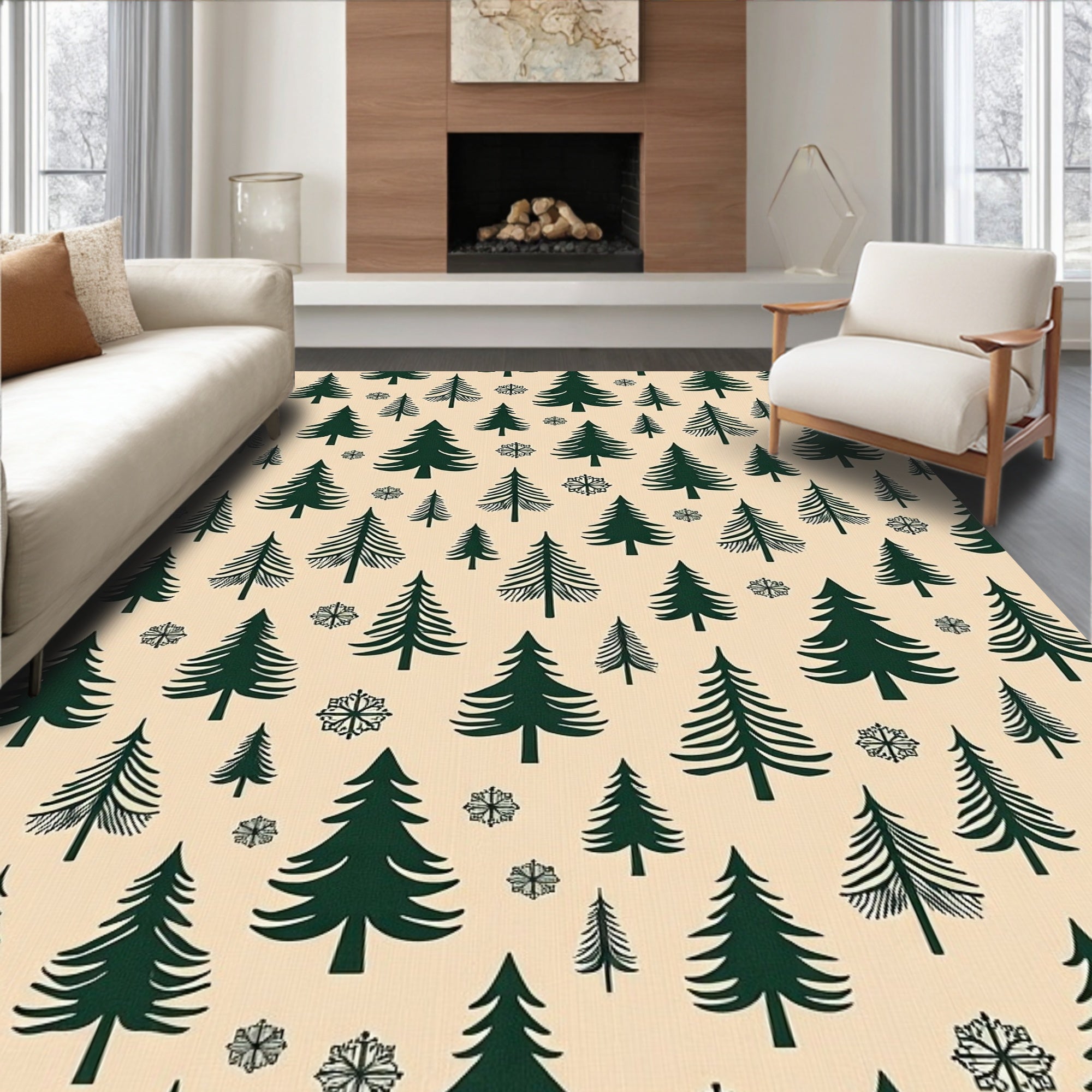 Forest Evergreen Trees Snowflakes Rug