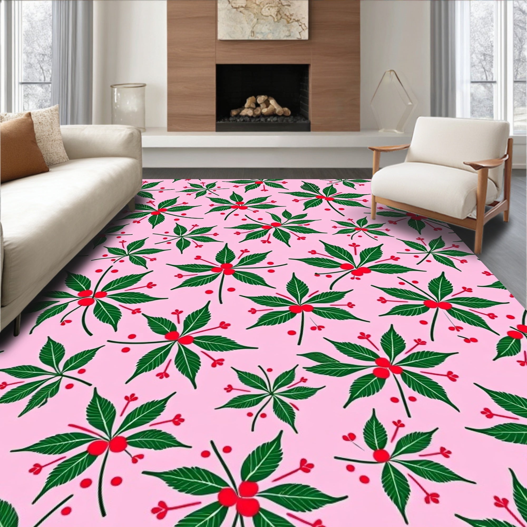 Pink Green Berry Branch Repeating Rug