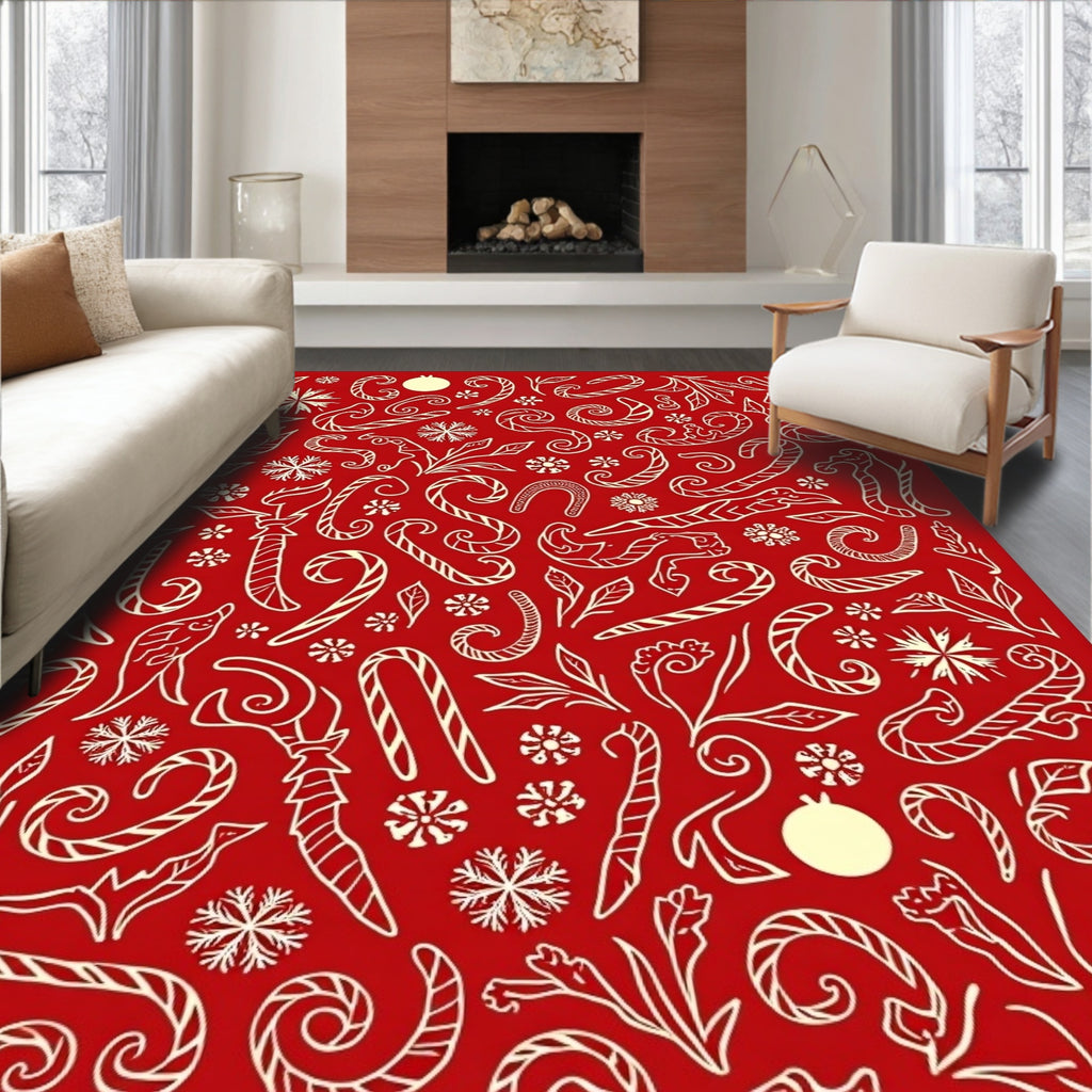 Festive Red Cream Candy Cane Snowflakes Rug