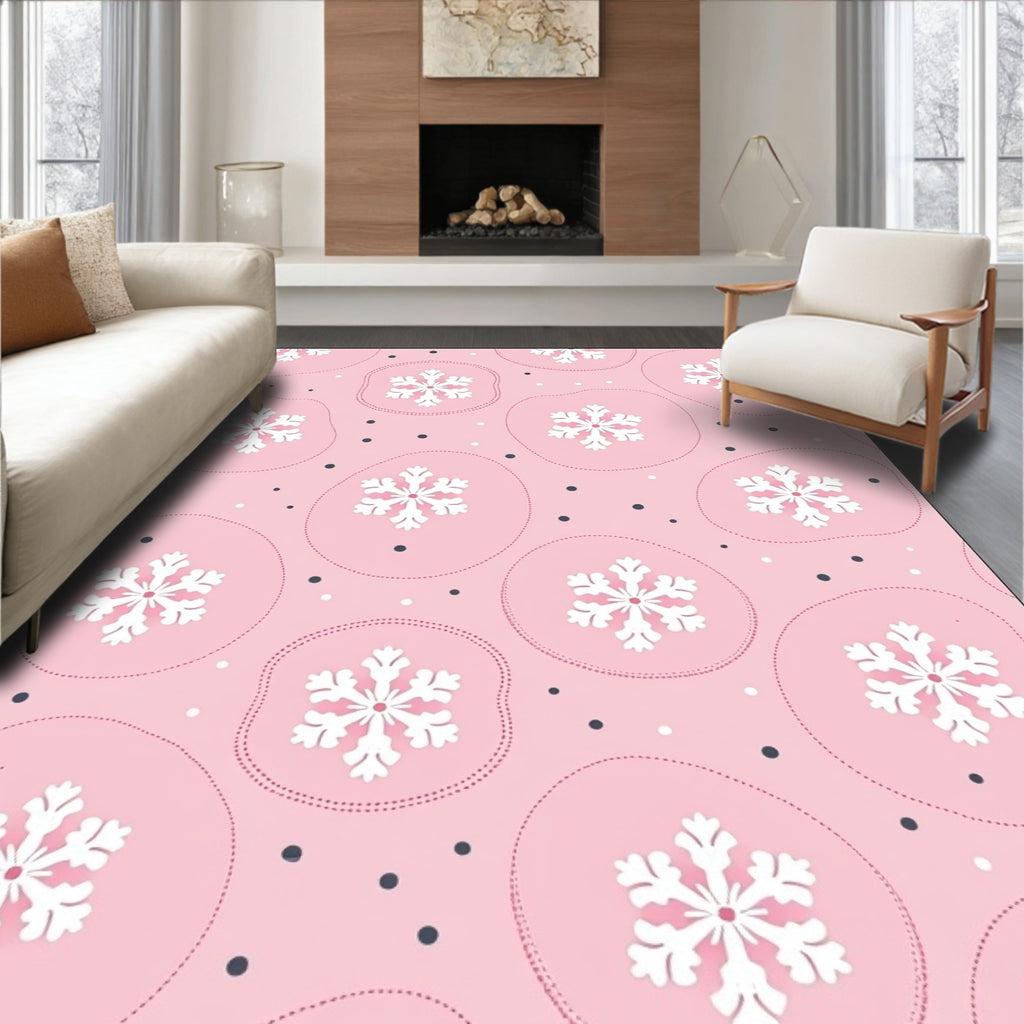 Pink Snowflakes Circles Scattered Dots Rug