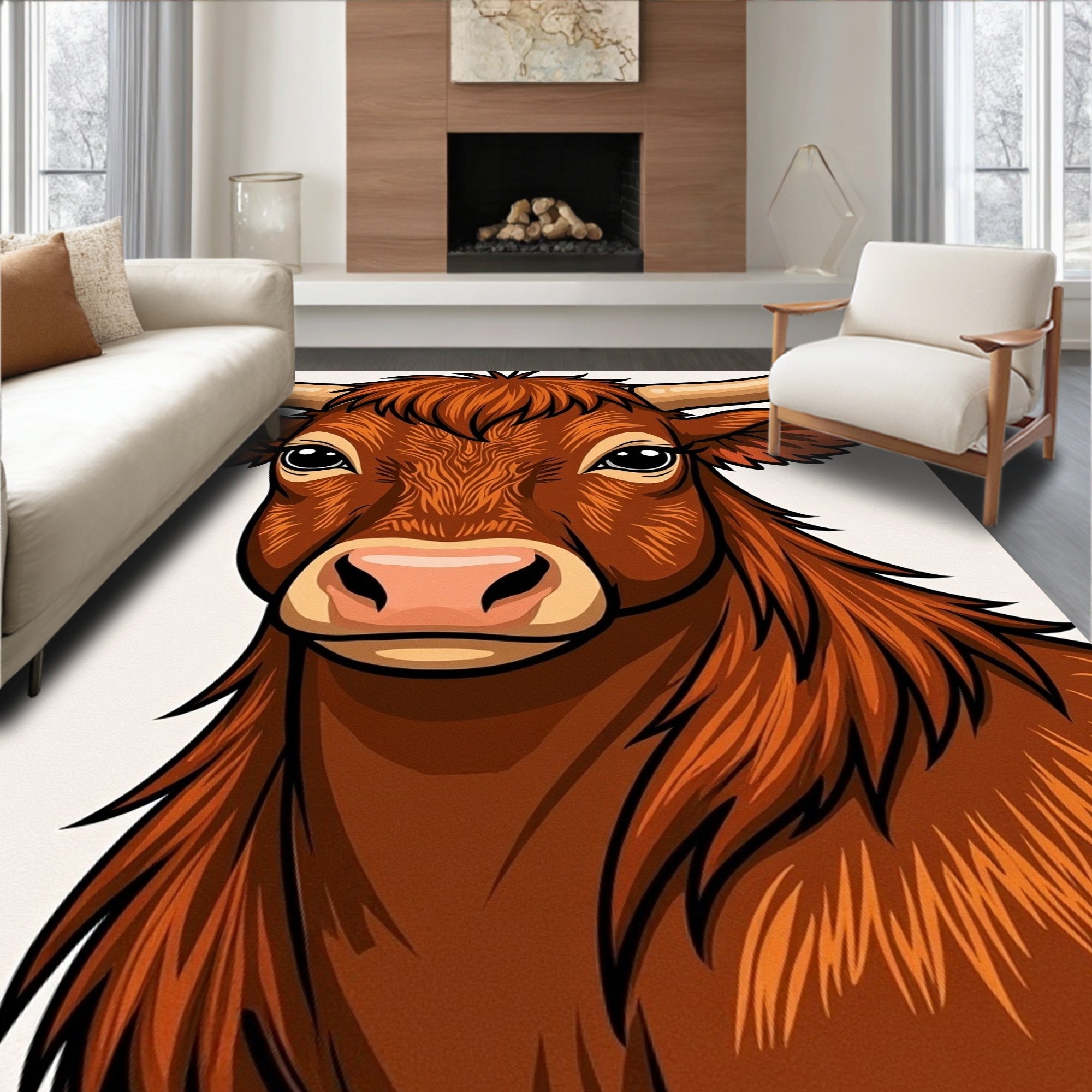 Rich Brown Longhorn Cow Portrait Rug