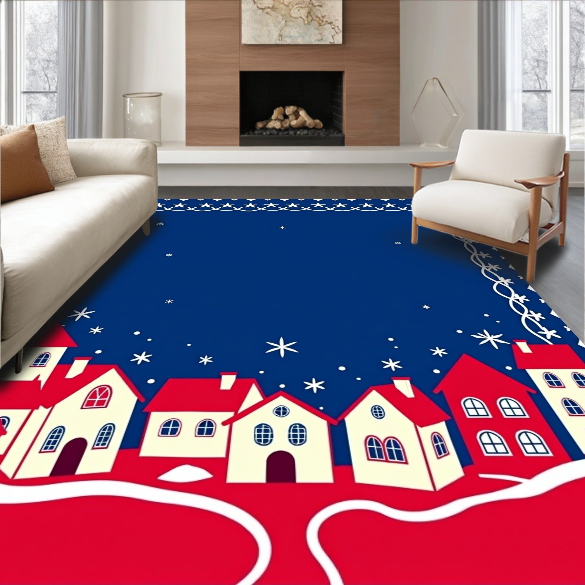 Whimsical Village Red White Snowy Night Rug