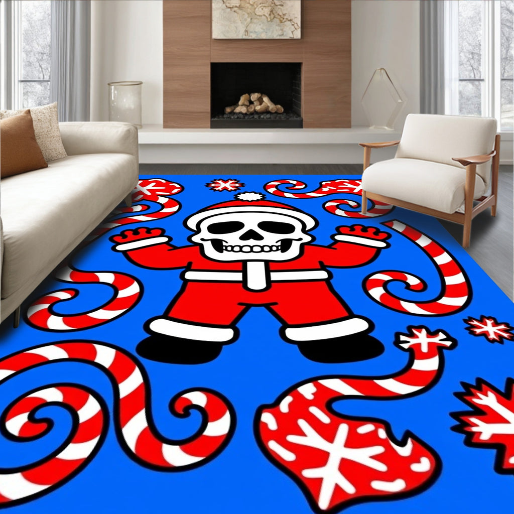 Festive Skull Santa Candy Cane Snowflakes Rug