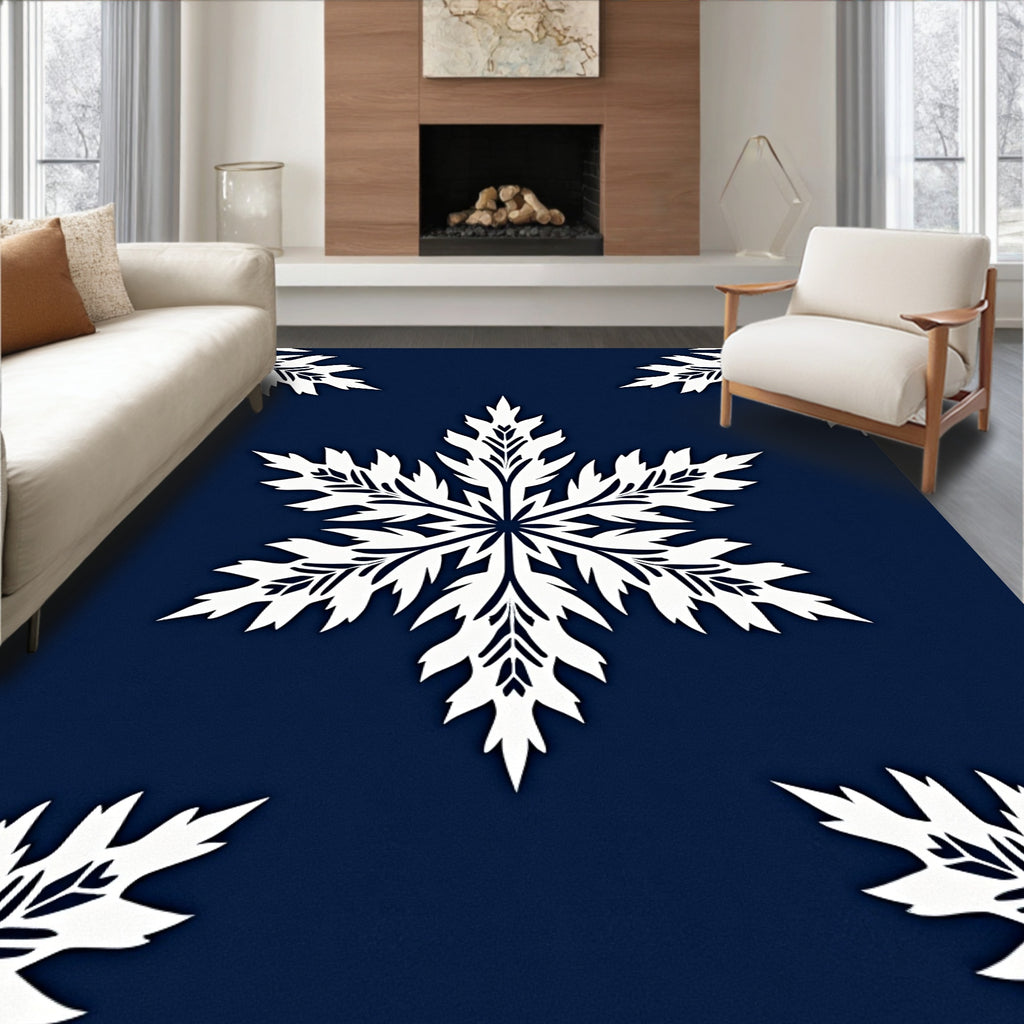 White Snowflake Navy Blue Background Rug