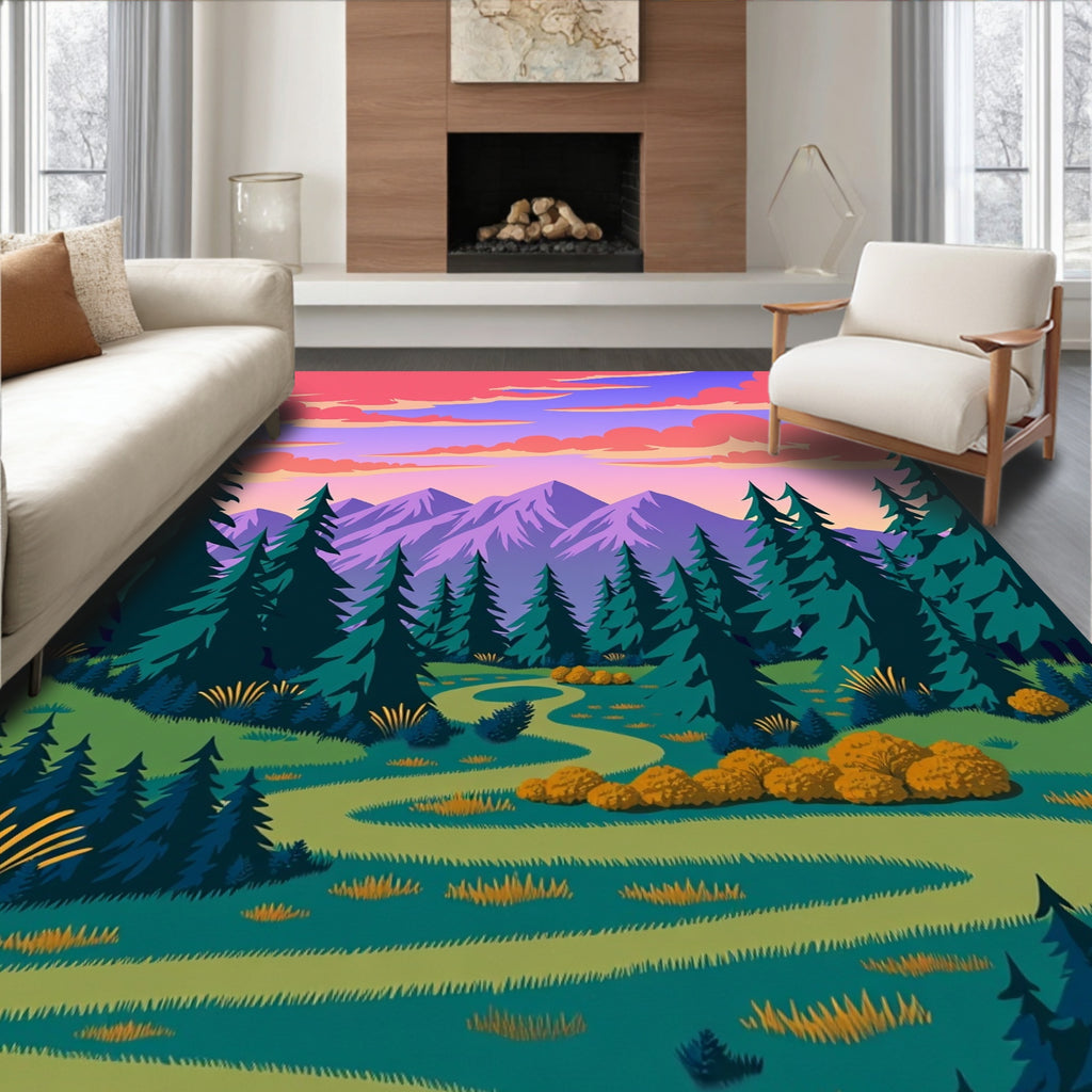 Vibrant Forest Mountains Sunset Landscape Rug