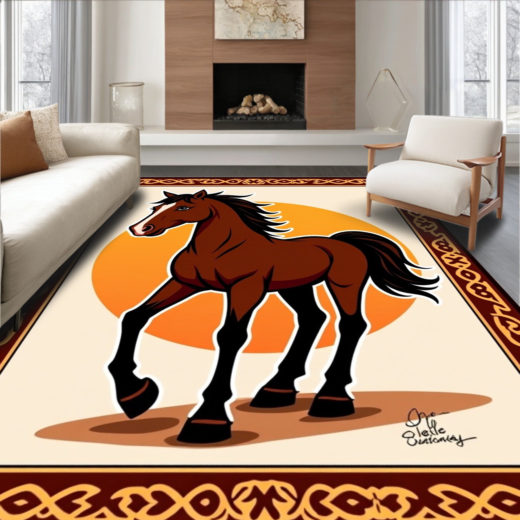 Brown Horse with Orange Sun Border Rug